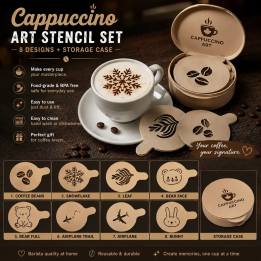 Sada šablon na latte art – 8 motivů s úložným pouzdrem