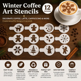 Zimní šablony na kávové latte art – 12 svátečních motivů