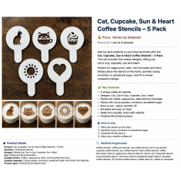 Kaffeeschablonen Katze, Cupcake, Sonne und Herz – 5er-Pack